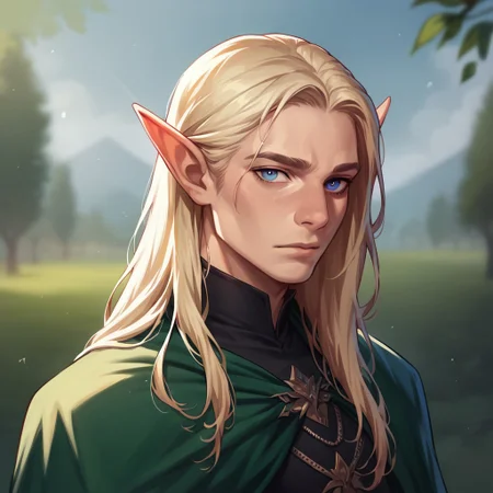 (((detailed, beautiful, high quality))), score_9, score_8_up, score_7_up, upper body, 
elf, pointed ears, 
1 male, blond hair, long hair, blue eyes, green cape, black shirt,
looking at the viewer, posing, 
blurred background, fantasy background,