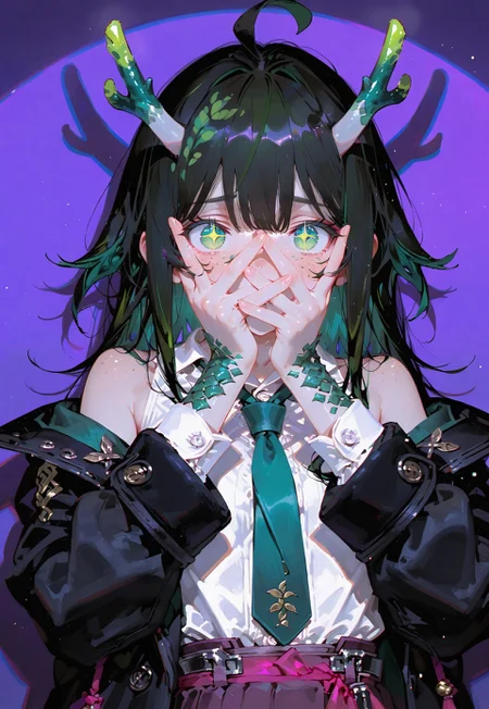 looking at viewer,bust shot

Suprise,Shy,blush,hands covering face

1 girl,petite,loose unruly messy hair,messy bangs,black hair,green accents hair,fair skin,dragon horns,green eyes, sparkling eyes,freckles,ahoge

Large Black coat with green accent,coat hanging sleeves,white sleeveless buttoned shirt tucked in,green tie, exposed shoulder

Color background, bright purple background,shadow, light from front,glimmer, scales design, sparkling,spotlight,anaglyph effect

Cunnystyle,748cmstyle,Smooth_Quality,masterpiece,best quality,amazing quality, aesthetic,bright colors,bold lines