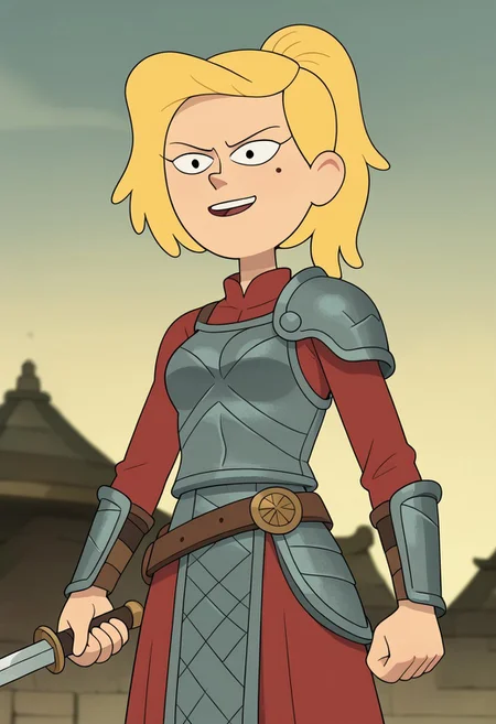 score_9, score_8, score_7, score_6,
triplevexx, solo, sasha waybright, blonde hair, ponytail, black eyes, mole under eye,
Character Description: A muscular woman with a fierce expression and braided hair.
Outfit: A battle-worn gladiator armor with intricate engravings and a flowing cape.
Action: She is raising her sword triumphantly after winning a duel.
Background: The sandy arena of an ancient coliseum, with cheering spectators blurred in the background.
Composition Details: Dramatic, low-angle lighting highlights her strength and victory, with a close-up shot that captures the intensity in her eyes and the gleam of her sword.