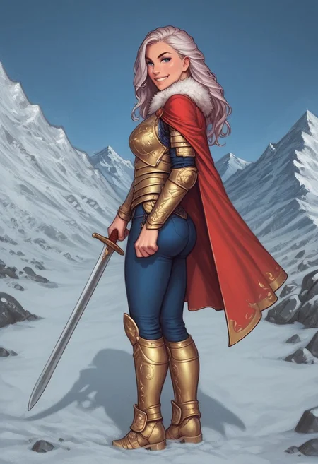 1girl, ((side view))), looking at viewer, highly detailed, from front, 1girl, highly detailed, skinny, looking at viewer, 1girl, masterpiece, best quality,
raw, masterpiece, extremely detailed, hyperrealism, photo, perfect anatomy, magnificent young warrior, full body, dramatic lighting, shadow play, romantic, heroism, epic, determination, proud, eternal beauty, detailed face, very long hair, very dark brown hair, beautiful blue eyes, battlefield background, massive plate armor, masculine body, muscular, heavy arms armor, red cape, fur collar, sword, BREAK
slight smile, looking at viewer, fur coat, dynamic pose,
BREAK
long hair, silver hair, hair over one eye, blue eye, big hair, dynamic pose
BREAK
best quality, depth of field, bokeh, (((full clothed))), ((ready to fight, holdind big sword in hands, big two-handed sword in hands)), highlander
BREAK
(((((snow, stones, mountains))))) score_9, score_8_up, score_7_up, score_6_up, source_cartoon, rating_explicit, Expressiveh, (((((full body))))), dynamic pose