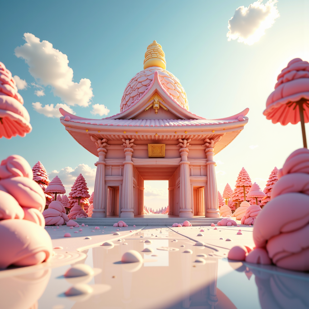 a professional (film grain:1.2) photography of a made entirely out of ice cream GelatoStyle a shrine in the heian - kyo period in japan, fantastic, concept art, dreamy, render by octane and blender, hyper realistic, cinematic lighting, unreal engin 5, by dominic mayer, 8 k, vray render, artstation, deviantart<lora:GelatoStyleFlux:1>