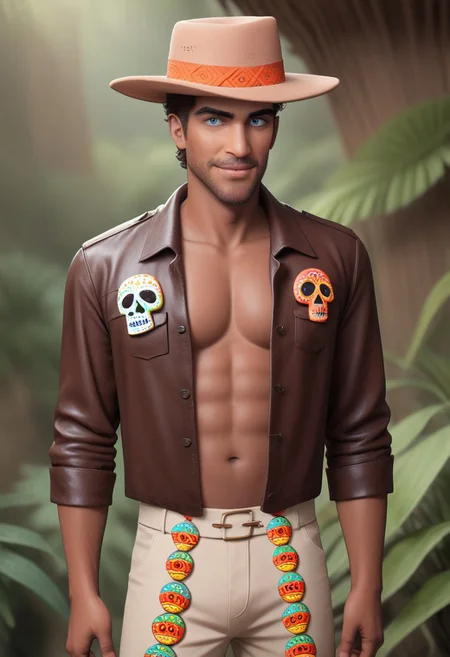 Arabian 25yo Naveen, 1boy, medium dark brown skin, slender manly body, combed medium brown hair, light blue eyes, facial expression loving, subtle beard stubble, mexican jungle, dis de Los muertos, adventure clothes, leather, fedora, jacket
