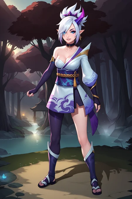 score_9, score_8_up, score_7_up, score_6_up, BREAK, RivenSBXL, blue eyes, white hair, short hair, hair over one eye, sidelocks, single horn, hair ornament, pointy ears, medium breasts, black choker, collar bone, single bare shoulder, cleavage, white kimono, purple sash, multicolored sash, purple elbow gloves, fingerless gloves, purple pants, asymmetrical clothes, greaves, purple sandals, solo, full body, standing, seductive smile, looking at viewer, forest, tree <lora:RivenSBXL:0.8>