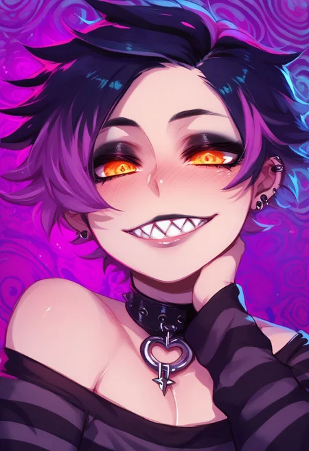 (score_9, score_8_up, score_7_up), source_anime, detailed eyes, 1boy, cute face, femboy, kawaii, orange eyes, glowing eyes, sharp teeth, psychedelic background, Expressiveh, goth, goth boy, makeup, striped stockings, multicolored hair,