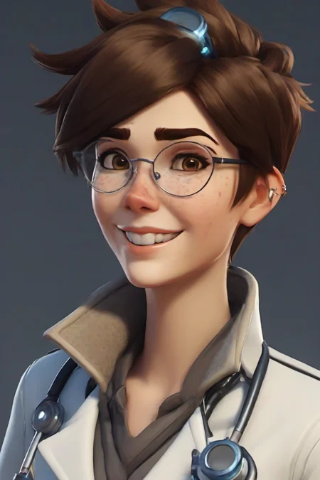 PETracerOW,<lora:PE_TracerOverWatch:0.8>,
portrait of tracer,smile,freckles,
wearing doctor outfit,whitle coat,big round glasses