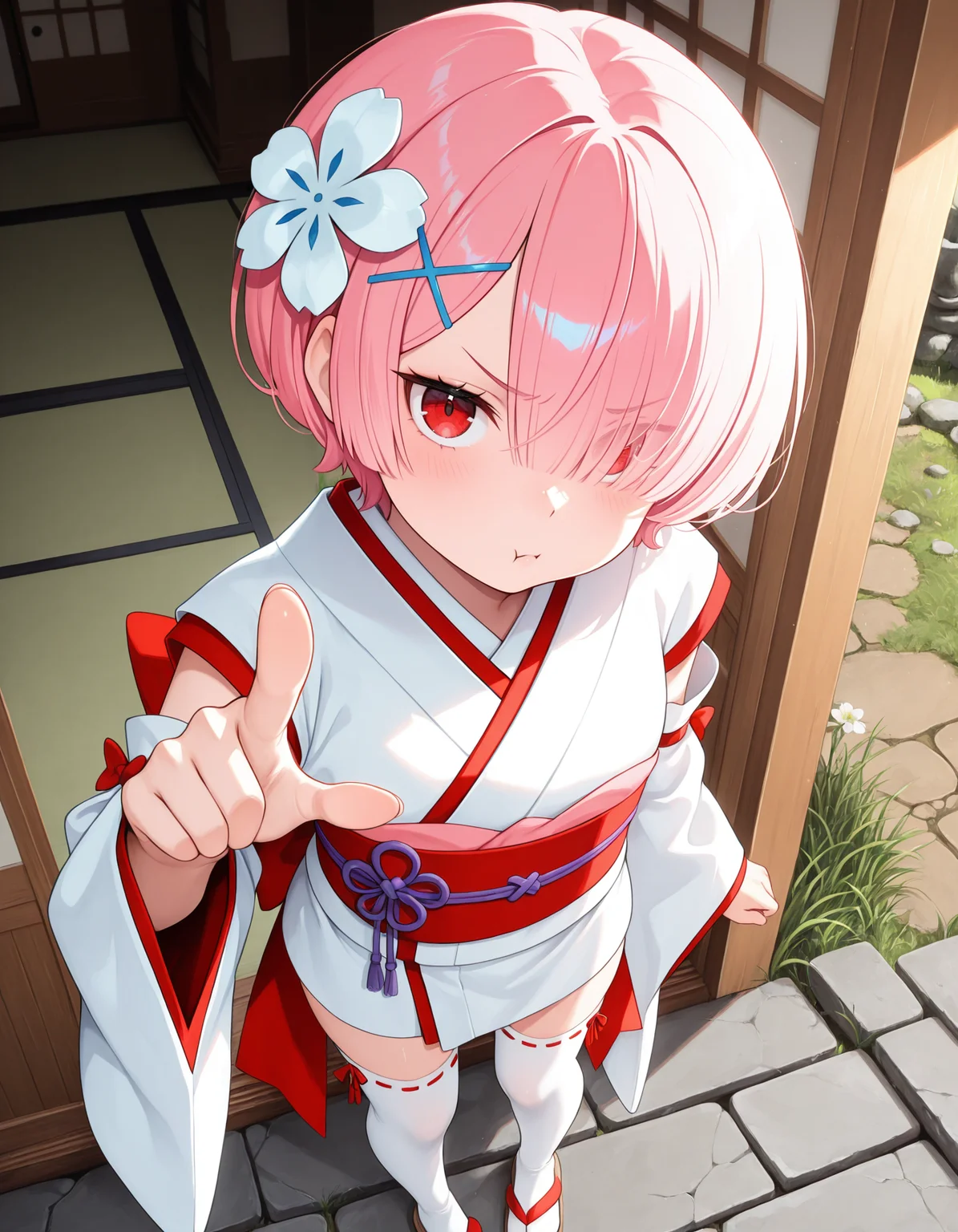 <lora:Ram Illu:1>1girl, solo,
r4m, short hair, pink hair, hair over one eye, red eyes, 
r4mpast, white thighhighs, japanese clothes, obi, short white kimono, hair flower, white flower, detached sleeves, long long sleeves, sandals, ribbon trimmed legwear, red back bow, x hair ornament, single ribbon bow,
standing, from above, looking at viewer, pointing at viewer, frown, pout,
outdoors, sliding doors, east asian architecture, sunlight, grass, stone path, 
 <lora:cfg_scale_boost:0.7>, masterpiece, best quality, amazing quality