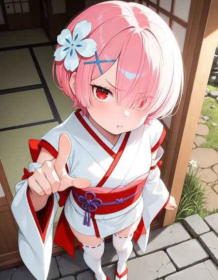 <lora:Ram Illu:1>1girl, solo,
r4m, short hair, pink hair, hair over one eye, red eyes,
r4mpast, white thighhighs, japanese clothes, obi, short white kimono, hair flower, white flower, detached sleeves, long long sleeves, sandals, ribbon trimmed legwear, red back bow, x hair ornament, single ribbon bow,
standing, from above, looking at viewer, pointing at viewer, frown, pout,
outdoors, sliding doors, east asian architecture, sunlight, grass, stone path,
<lora:cfg_scale_boost:0.7>, masterpiece, best quality, amazing quality