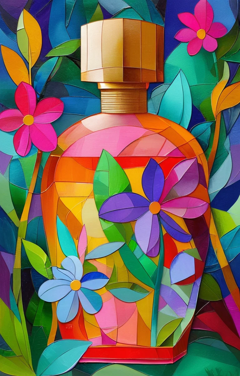 masterpiece,best quality,<lora:tbh203-sdxl:0.9>,illustration,style of Wlad Safronow A bottle of perfume in garden