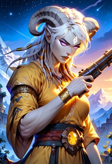 masterpiece, score_9, score_8_up, score_7_up, score_6_up, world of warcraft, detailed face,
outdoor, mountains, night, stars,
(h0rns, ram horns, white horns), (female, mature, draenei, athletic arms, pale white skin, long white hair, four fingers, one thumb, black nail polish), (purple eyes), stern face, stern look,
(blue and yellow robe, simple armlet, small yellow gem pendant), GunMonk, shotgun,
full body, dynamic pose