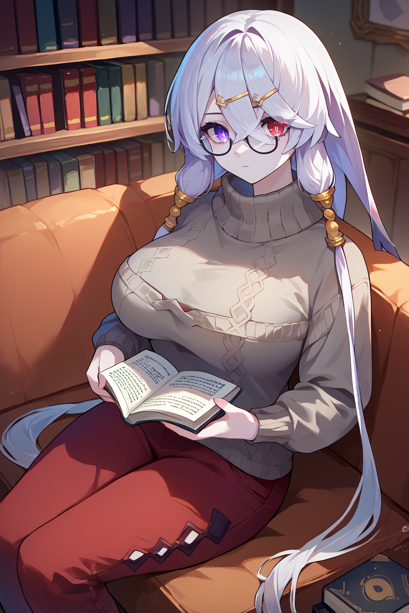 score_9, score_8_up, score_7_up, score_6_up, source_anime, 1girl, solo, <lora:liladecyrus-pdxl-nvwls-v1-000006:1> defLila, white hair, low twintails, very long hair, crossed bangs, heterochromia, purple eyes, red eyes, pale skin, hair ornament, hairclip, hair large breasts, grey sweater, red pants, sitting, couch, bookshelf, reading book, glasses, looking at you