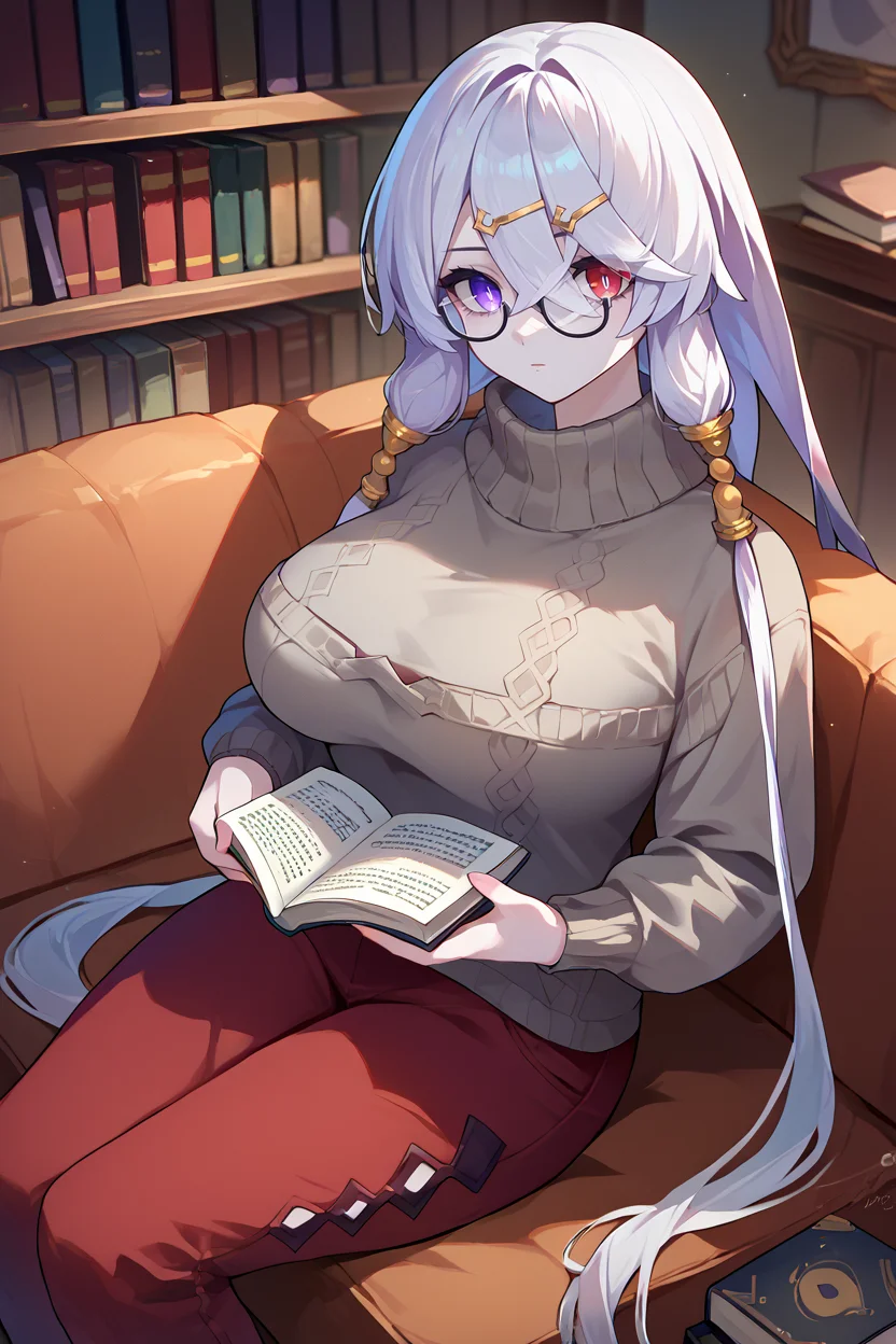 score_9, score_8_up, score_7_up, score_6_up, source_anime, 1girl, solo, <lora:liladecyrus-pdxl-nvwls-v1-000006:1> defLila, white hair, low twintails, very long hair, crossed bangs, heterochromia, purple eyes, red eyes, pale skin, hair ornament, hairclip, hair large breasts, grey sweater, red pants, sitting, couch, bookshelf, reading book, glasses, looking at you