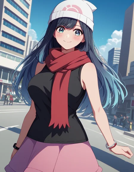 score_9, score_8_up, score_7_up, source_anime, <lora:akane-kurokawa-s2-ponyxl-lora-nochekaiser:1>, akane kurokawa, long hair, bangs, blue eyes, large breasts, black hair, blue hair, multicolored hair, gradient hair,, <lora:dawn-pokemon-cosplay-ponyxl-lora-nochekaiser:1>, dawnpokemoncosplay, dawn (pokemon) (cosplay), bare shoulders, beanie, black shirt, black socks, bracelet, hat, jewelry, kneehighs, miniskirt, pink skirt, red scarf, scarf, shirt, skirt, sleeveless, sleeveless shirt, white headwear,, cityscape, street, smile, blush,, , cowboy shot, dutch angle,