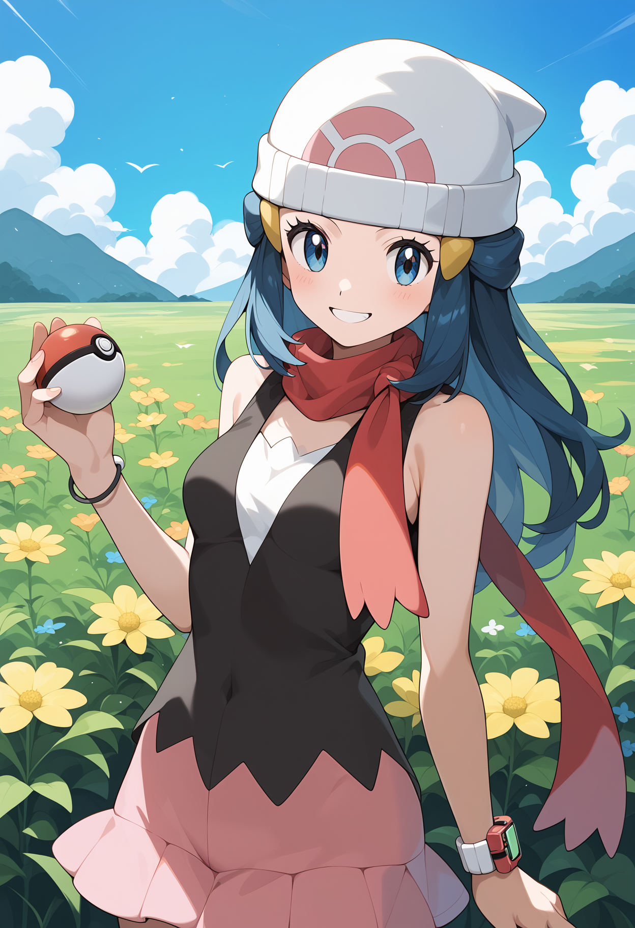 score_9, score_8_up, score_7_up, score_6_up, score_5_up, score_4_up, source_anime, aadawn, long hair, blue hair, beanie, white headwear, hair ornament, blue eyes, breasts, red scarf, sleeveless shirt, black shirt, wristwatch, bracelet, pink skirt, <lora:dawn_(pokemon)_ponyxl_v1:0.9>, standing, cowboy shot, outdoors, filed, flower, holding poke ball, smile,