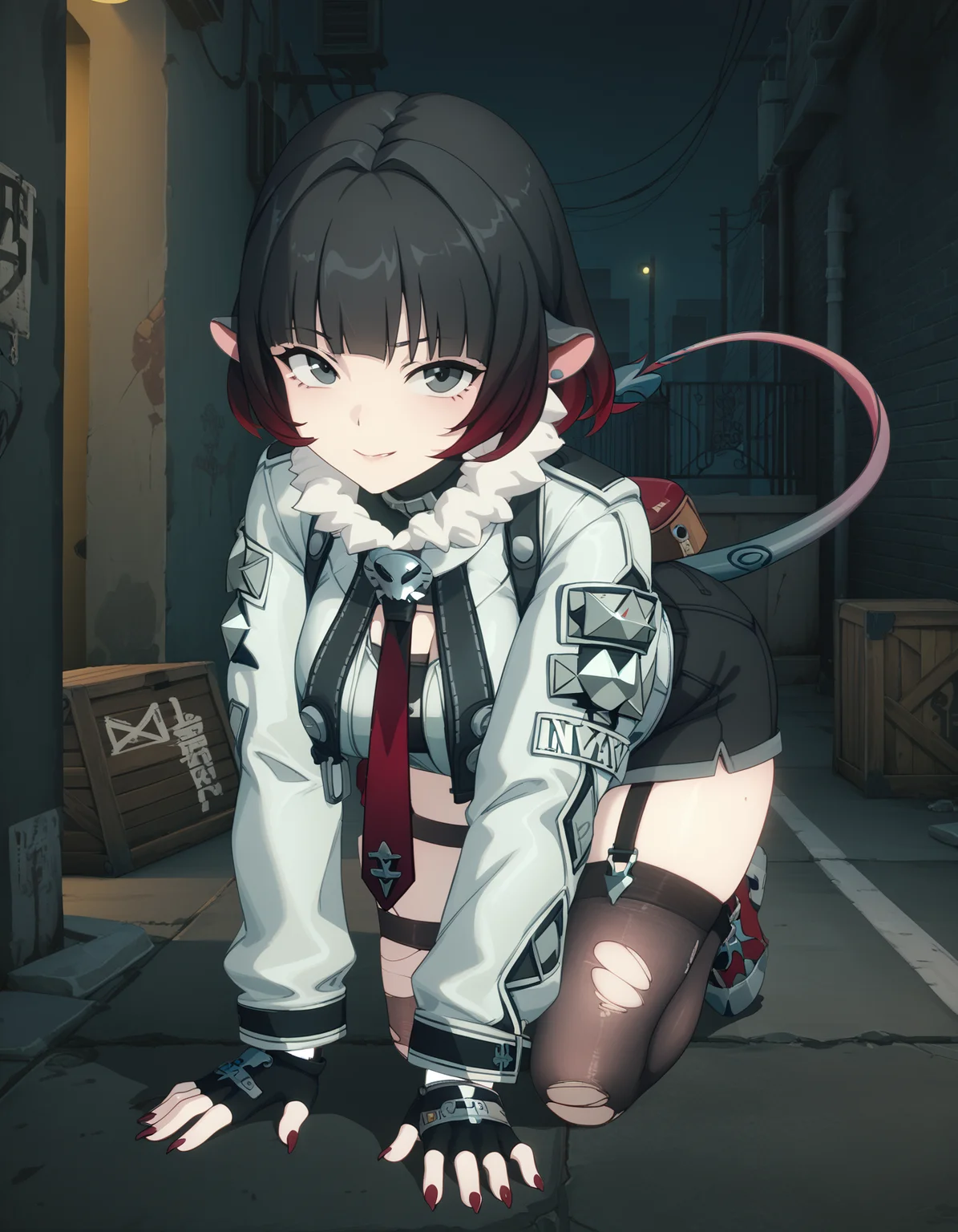 score_9, score_8_up, score_7_up, <lora:zzz-pack-v4-ponyxl:0.9:lbw=0,0,0,0,0,0,1,1,0,0,0,0> <lora:waterkuma_Artist_Style_PonyXL:0.7> jnedw, gradient hair, black hair, red hair, mouse ears, fur-trimmed jacket, necktie, fingerless gloves, high-waist shorts, single garter strap, torn pantyhose, mouse tail,
1girl, all fours, looking at viewer, close-up, smirk, alley, night, beer crate