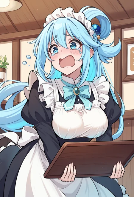 masterpiece, best quality, high quality, anime, <lora:AEAquaIlx:1> AEAquaDef, blue eyes, blue hair, single hair ring, hair ornament, tripping, cafe, tray, victorian maid, crying aqua (meme), solo,