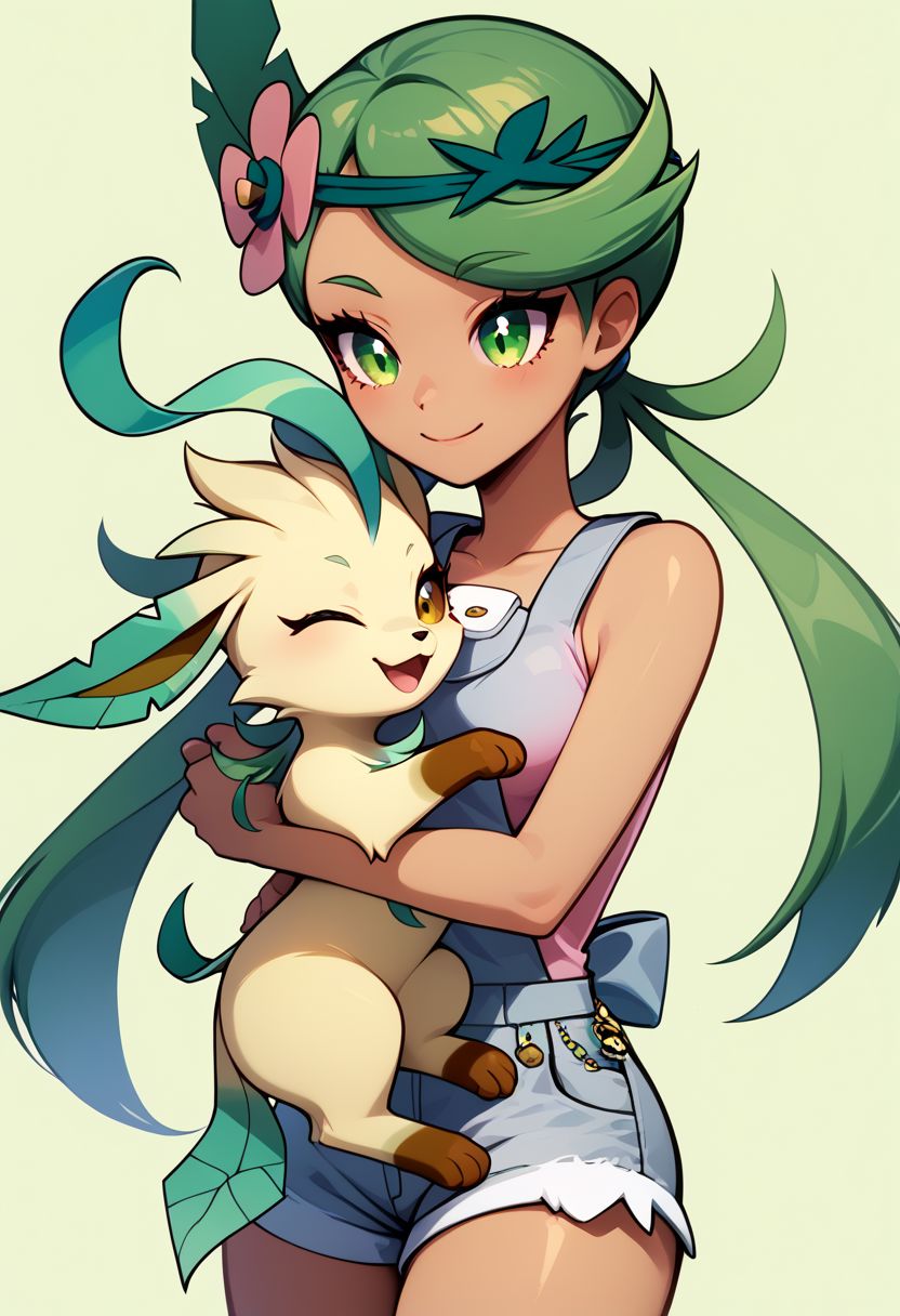 score_9, score_8_up, score_8, medium breasts, (curvy), cute, eyelashes,  rating_safe,
BREAK, 
zzMallow, green hair, green eyes, hair flower, hair ornament, grey overalls, pink shirt, sleeveless, grey shorts,
BREAK, 
girl holding Leafeon , hug,
furry, female, Leafeon , human and feral, girl and Leafeon ,
zPDXL,