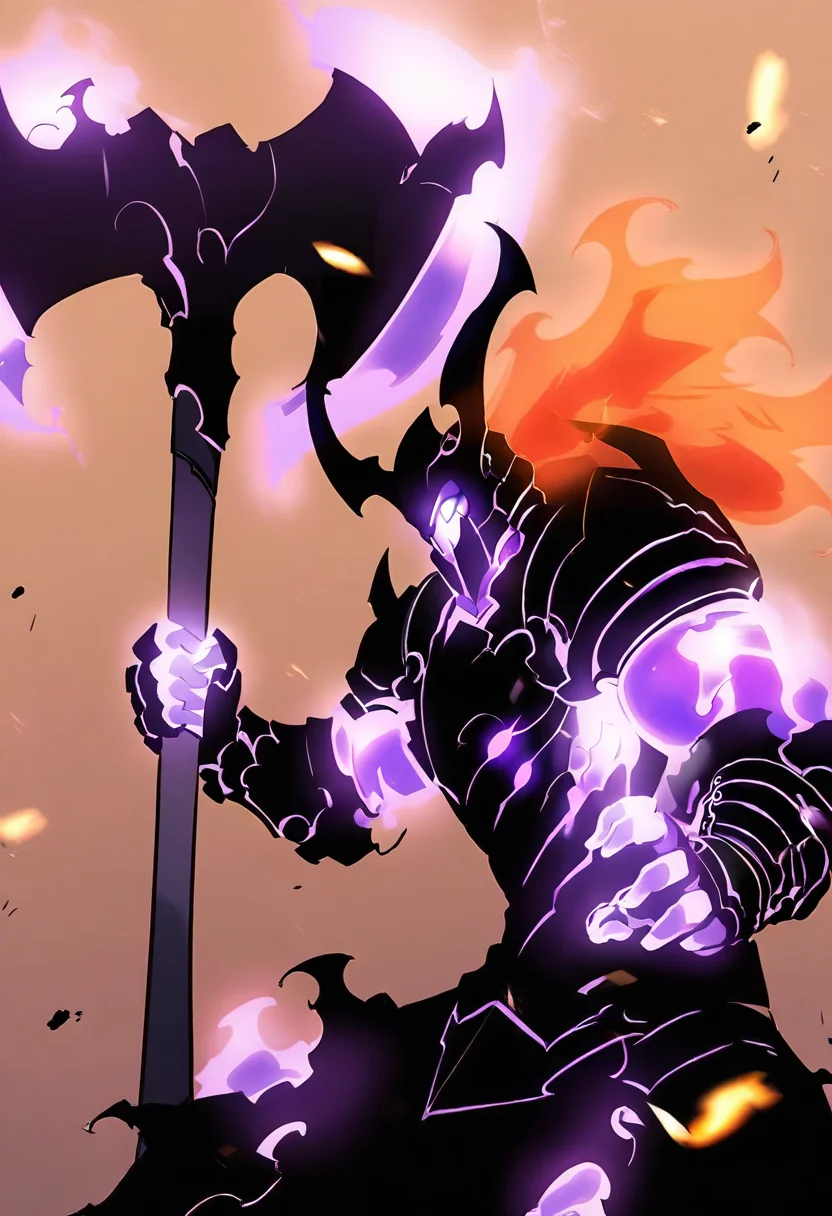 8K, depth of field, focused subject, best quality, <lora:solo_leveling_by_readandsign_fin-000014:1>,
rf64u, solo, looking at viewer, 1boy, holding, purple eyes, weapon, male focus, horns, holding weapon, armor, glowing, helmet, fire, shoulder armor, gauntlets, glowing eyes, brown background, pauldrons, axe, full armor, black armor, holding axe, battle axe, ghost IRON