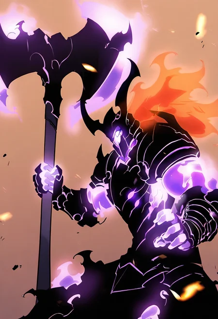 8K, depth of field, focused subject, best quality, <lora:solo_leveling_by_readandsign_fin-000014:1>,
rf64u, solo, looking at viewer, 1boy, holding, purple eyes, weapon, male focus, horns, holding weapon, armor, glowing, helmet, fire, shoulder armor, gauntlets, glowing eyes, brown background, pauldrons, axe, full armor, black armor, holding axe, battle axe, ghost IRON