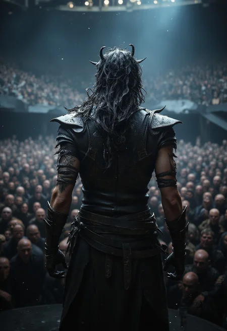 A photo capturing the powerful scene of a metal necromancer on stage, viewed from behind. He stands as the lead singer of a metal band, with long, dark, greasy hair cascading down his back. Clad in a leather vest with a high collar, he grips an electric guitar mid-jam. The atmosphere is dark and intense, with sweat droplets and particles flying through the air, adding to the charged energy. The roaring crowd below in the stadium's standing area is only faintly visible—composed of undead, skeletons, mages, and witches, all dressed in heavy metal attire. The necromancer himself is shrouded in shadow, more of an imposing silhouette than a clearly defined figure, surrounded by a moody, powerful ambiance.