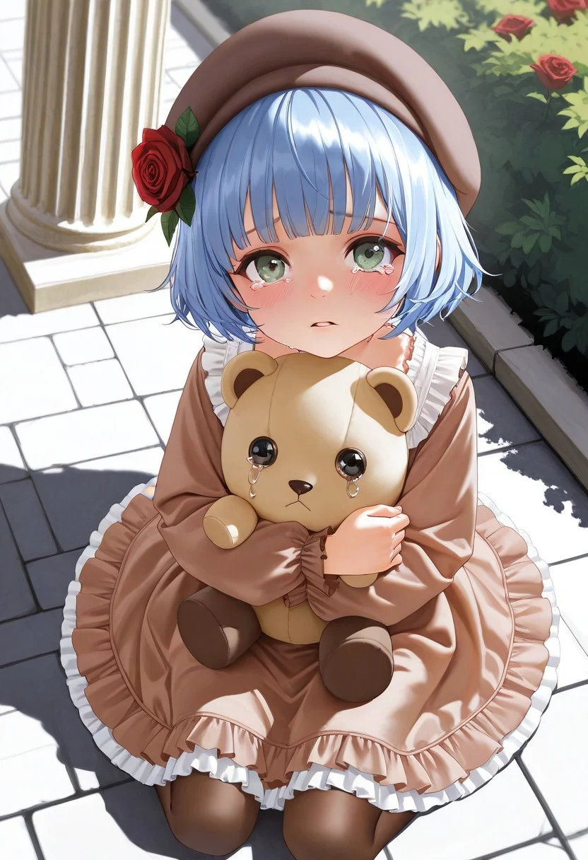 masterpiece, best_quality, very_aesthetic, absurdres,
upper_body, portrait, 1girl, solo, realistic,
abandoned girl, green eyes, blue hair, short hair, blunt bangs,
beret, hat flower, red rose, light brown dress, long sleeves, frilled dress, frills, brown pantyhose,
from above, looking up, looking at viewer, blush, wariza, aged down, parted lips, tearing up, crying with eyes open, hug, sad, hugging doll,
outdoors, day, dutch angle, shadow, stone floor, column, pillar, pavement, bush, victorian,
az-ys-il