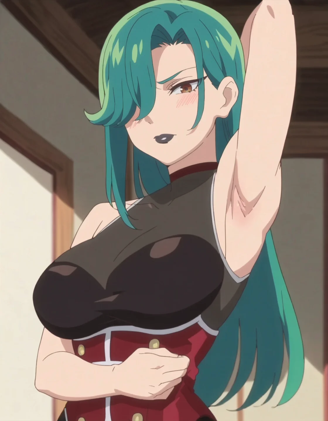 score_9, score_8_up, score_7_up, anime screencap, solo,1girl,   green hair, sleeveless,bare shoulders,hair over one eye,  long hair, looking at viewer, black lipstick,large breasts,cowboy shot,blush,armpit,<lora:Secretoru:0.8>