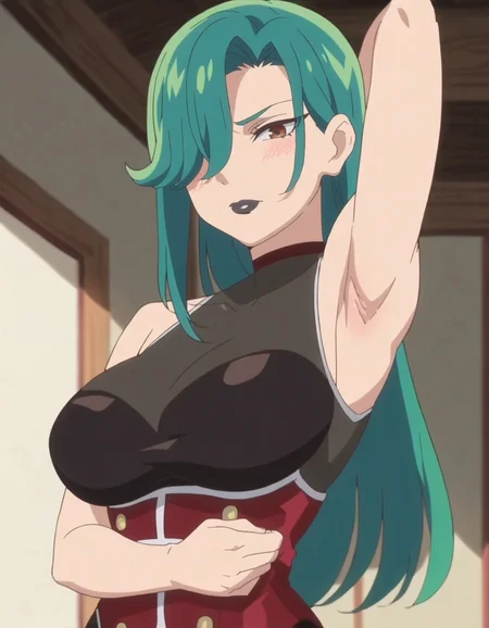 score_9, score_8_up, score_7_up, anime screencap, solo,1girl, green hair, sleeveless,bare shoulders,hair over one eye, long hair, looking at viewer, black lipstick,large breasts,cowboy shot,blush,armpit,<lora:Secretoru:0.8>