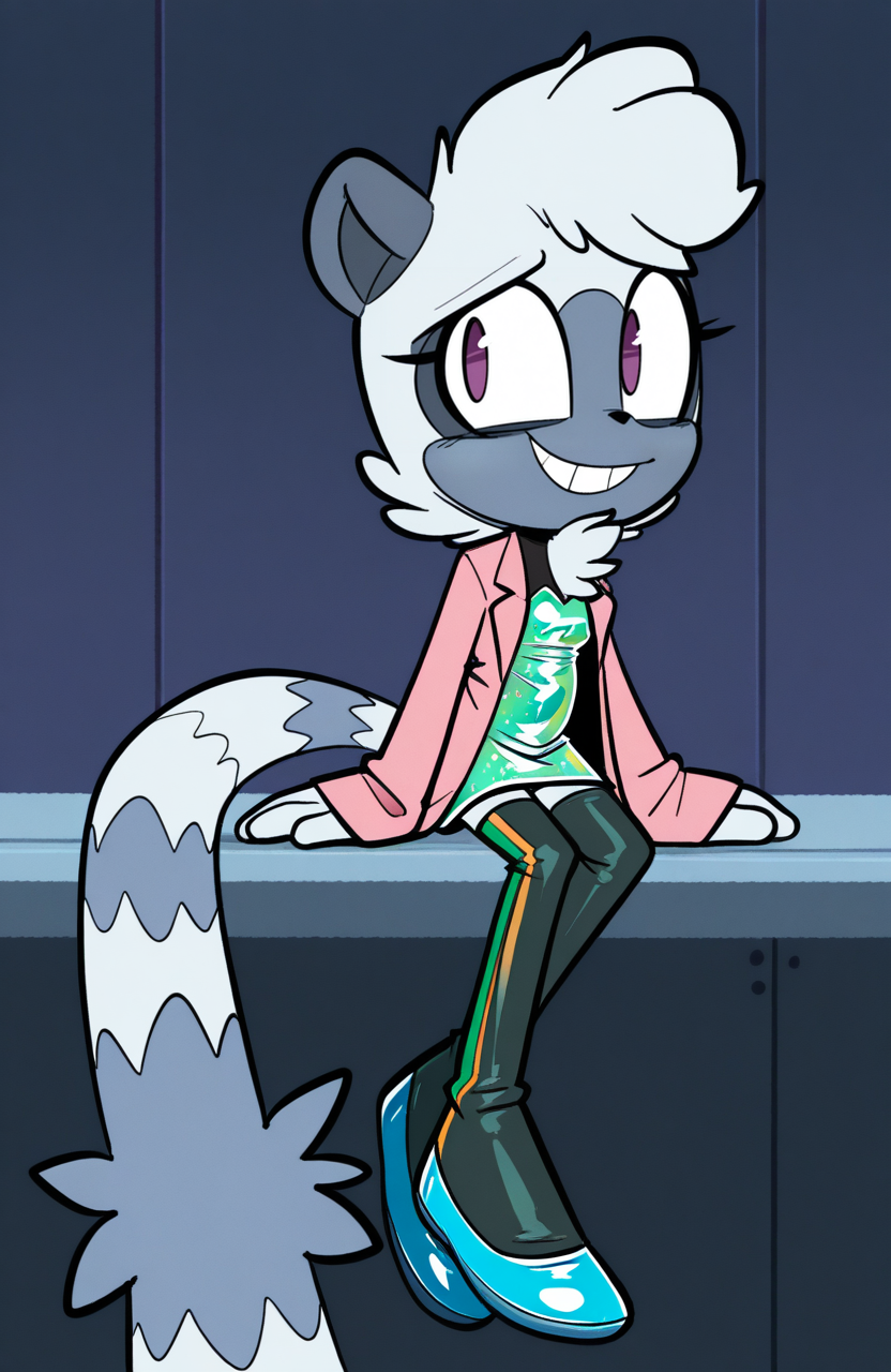 1girl, solo, pink open coat, overcoat, black cropped sweater, sleeves past wrists, long sleeves, green dress, glitter dress, green bow legwear thighhighs, blue flats, sitting, looking over shoulder, dark eyes, cryptic smile, elusive presence,
 <lora:qqLettuce:0.8> qqlttc, furry, <lora:Whispangle-Illustrious:0.8> tangle the lemur, lemur ears, lemur tail, white fur, grey fur, two-tone fur, purple eyes, extremely detailed, highres, masterpiece, best quality