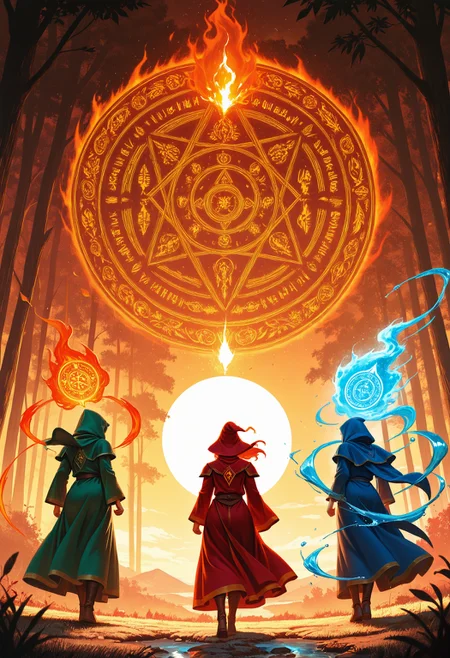 3girls, mid action, elemental magic, fire mage with red robe and flames, water mage with blue outfit and water aura, wind mage in green with floating hair and feathers, circle formation, spellcasting, battle stance, ancient forest, glowing glyphs on ground, swirling leaves, golden sunset, mystical lighting, volumetric effects, cinematic depth. ILXLpos,