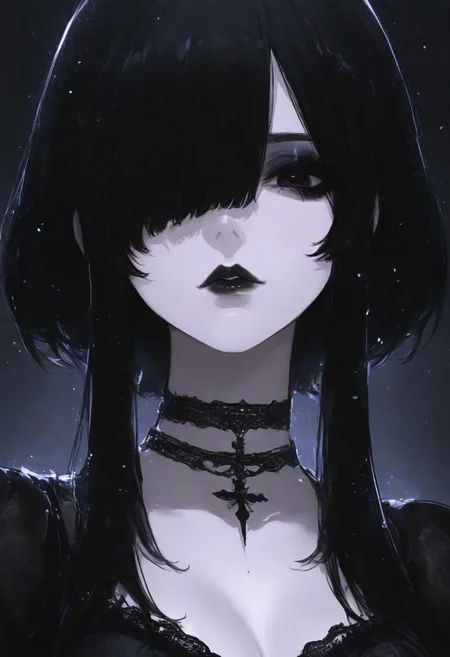 masterpiece, best quality, 1girl, solo, looking at viewer, black hair, medium breasts, , sidelocks, hair over one eye, black eyes, lips, makeup, black choker, lipstick, eyeshadow, gothic, black lips, dark theme, close up, particles,