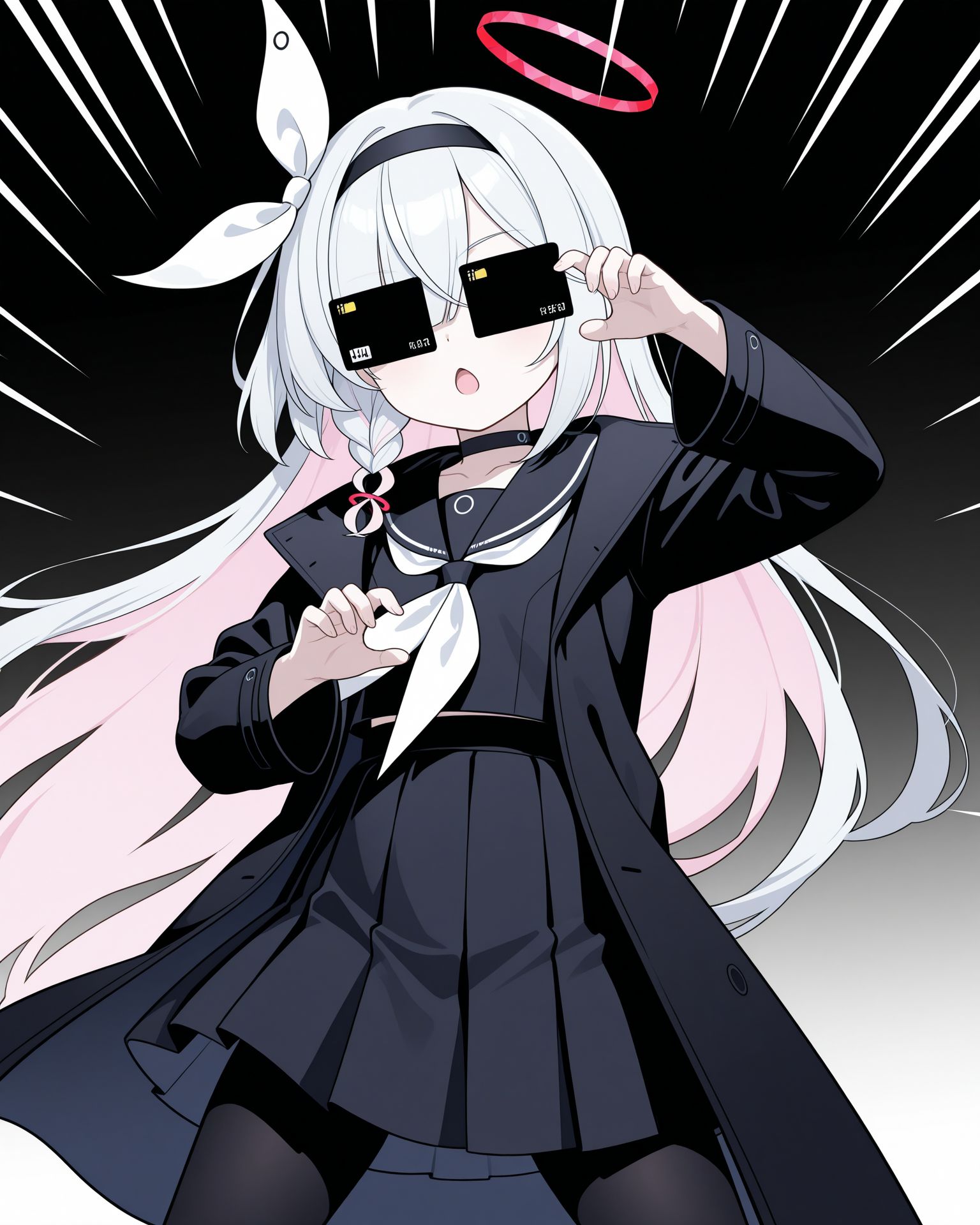 masterpiece, best quality, amazing quality, very aesthetic, absurdres, newest,
general, cardew, plana \(blue archive\),
(henshin pose,:1.2) legs apart, cowboy shot, portrait, 
claw pose, (open hands,:0.7) 
1girl,  covered eyes, simple background, emphasis lines, black credit card, chestnut mouth, open mouth,
black serafuku, black coat, pantyhose, 
wind, dust, 
<lora:cardew v2:1>