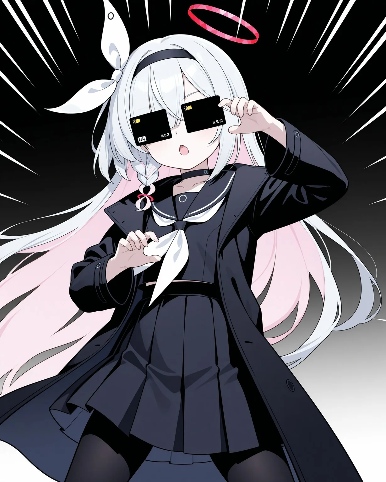 masterpiece, best quality, amazing quality, very aesthetic, absurdres, newest,
general, cardew, plana \(blue archive\),
(henshin pose,:1.2) legs apart, cowboy shot, portrait,
claw pose, (open hands,:0.7)
1girl, covered eyes, simple background, emphasis lines, black credit card, chestnut mouth, open mouth,
black serafuku, black coat, pantyhose,
wind, dust,
<lora:cardew v2:1>