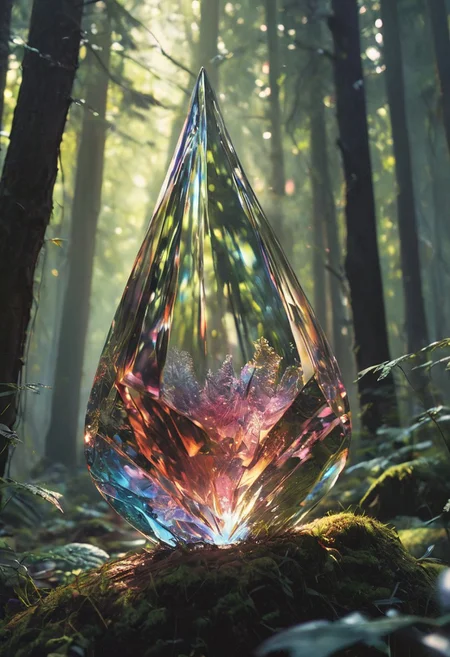 Visualize a uniquely shaped crystal resembling a tear drop, suspended in mid-air within a mystical forest. The crystal is made of a reflective material that captures the surrounding greenery and dappled sunlight, creating a kaleidoscope of colors. Soft beams of light penetrate the canopy above, illuminating the crystal's surface and enhancing its ethereal qualities. The scene should evoke a sense of wonder and enchantment, as if the crystal holds the secrets of the universe.
[style of greg rutkowski,janek sedlar,jenny saville:0]  <lora:vivid_everclear:0.35>  <lora:Sinozick:0.35>  <lora:MJ52:0.35>