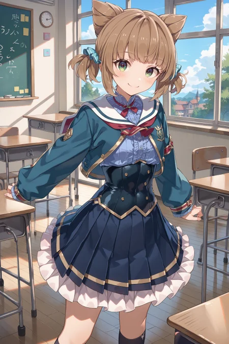 score_max, (score_9, score_8_up, score_7_up:1.2), score_6_up, official art, source_anime,
masterpiece, absurdres, high detail, 8k,
school, classroom, window, blue sky,
standing, arms at side, smile, blush, looking at viewer,
cicho, cone hair bun, short twintails, school uniform, green jacket, cropped jacket, red neckerchief, sleeves past wrists, blue shirt, black corset, long sleeves, frills, plated skirt, black skirt, black socks, loafers
<lora:XL_Pony_gomaotsu-cicho-t1:1>