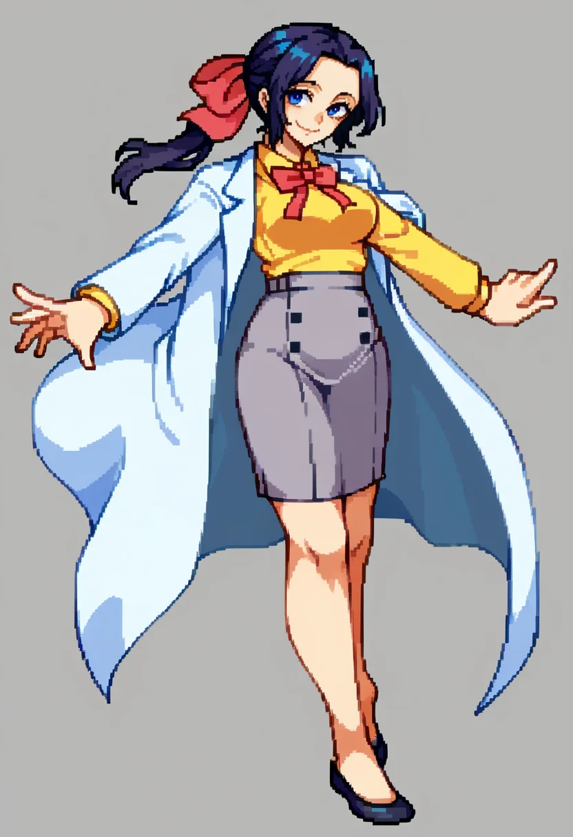 score_9, score_8_up, score_7_up, source_anime, BREAK, 1girl, smile, looking at viewer, <lora:Mari-pdxl_Fp:1>, maridesu, black hair, blue eyes, ponytail, hair ribbon, collared shirt, yellow shirt, ribbon, lab coat, grey skirt, <lora:CPS2-pdxl_Fp:1>, simple background, full body, pixel art, standing,