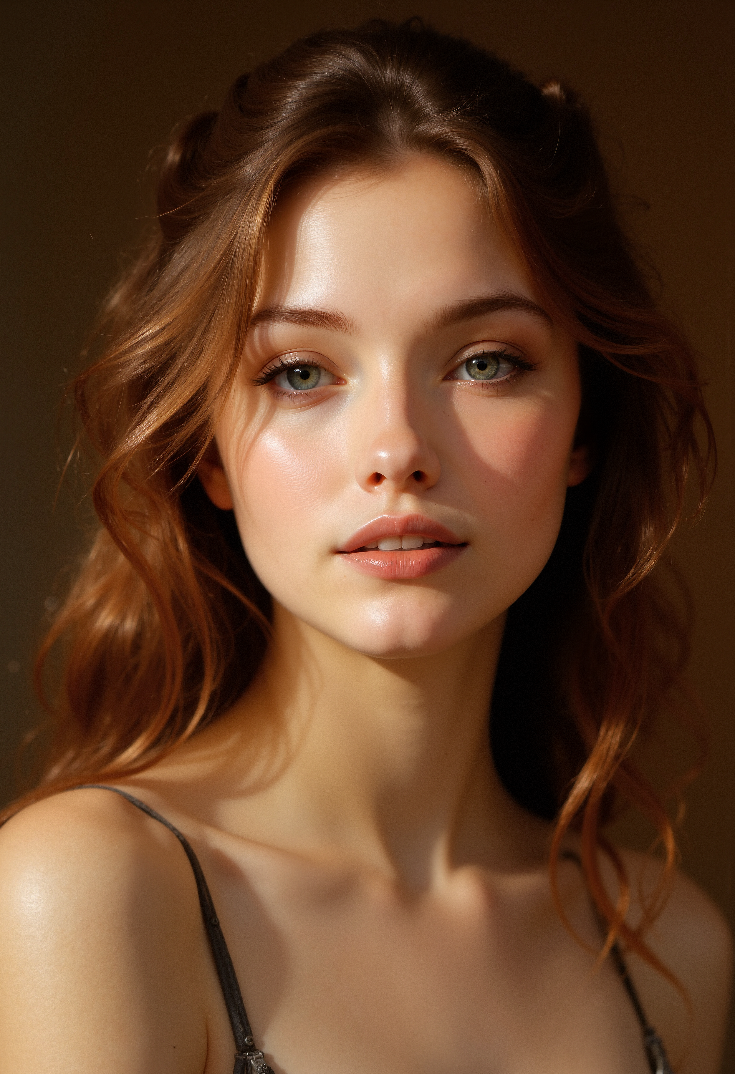 A soft, intimate portrait of a young woman with smooth, fair skin and deep, expressive eyes. Her wavy, chestnut hair cascades over her shoulders, slightly tousled, as if caught in a gentle breeze. Her lips are slightly parted, revealing a subtle, relaxed smile, exuding warmth and kindness. The lighting is warm and natural, illuminating her face from one side, creating gentle shadows that accentuate her delicate features. The background is softly blurred, in neutral, earthy tones, ensuring that all focus remains on her serene and tender expression.  <lora:artisketchyfs-v02:1>