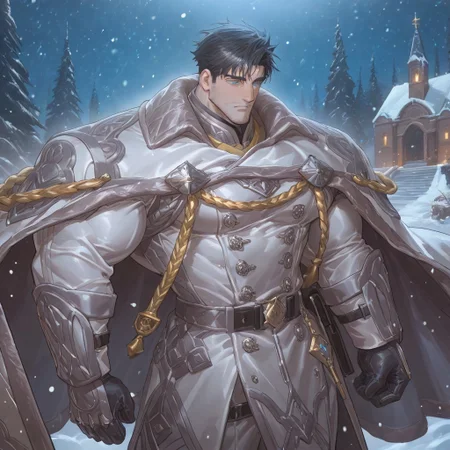 <lora:Gilfred__Alchemist_Code-000003:.7>, tagatamegilfred, gilfred_black hair, gilfred_military suit, 1boy, black hair, short hair, blue eyes, solo, male focus, manly, bara, mature male, muscle body, coat, shirt, gloves, pants, boots,
cowboy shot, outside mansion, snowing, night time, snow storm, opening one eye, very cold,
(very short hair, beard, bara, mature, facial hair, stubble, beard, full beard, sideburn, beard, a lot of beard, ), facial hair,male focus, muscular male, muscular male, bara, mature, bara, mature, aixiwuganda_(20222192), very awa, masterpiece, best quality, absurdres, newest, perfect quality, detailed background, intricate details,
<lora:slider_Body Type_alpha1.0_rank4_noxattn_last:3><lora:Anime Summer Days 2 Style SDXL_LoRA_Pony Diffusion V6 XL:.6><lora:slider_cfg_scale_boost:.7><lora:Artist6p:.55>, Artist6p, Artist04p,<lora:slider_il_brightness_slider_d1:-1><lora:slider_il_contrast_slider_d1:-1><lora:slider_DarkSlider1.2_alpha1.0_rank16_full_300steps:-.6><lora:slider_contract_controller_illus01_v1:.5>,