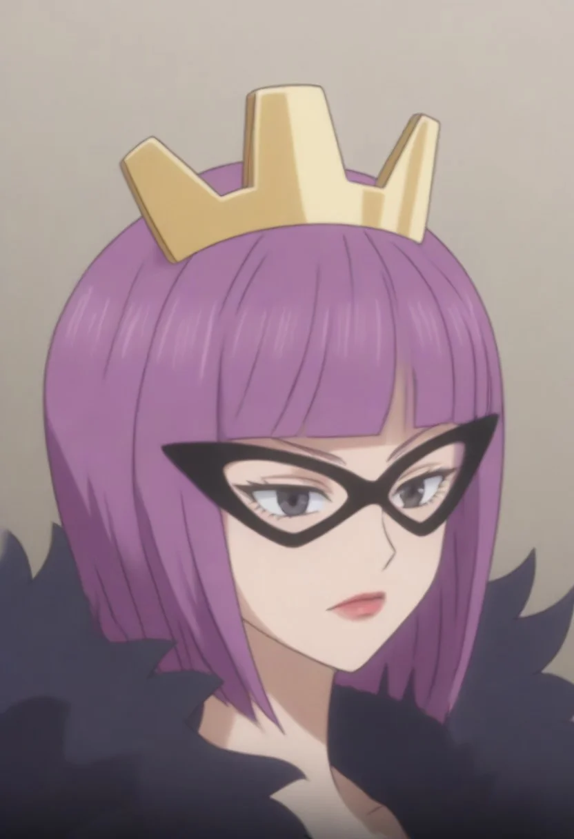 source_anime, anime screencap, source_anime, auratheguillotine, anime screencap, masterpiece, source_anime, shiny skin,,, KinderellaOP, 1girl, solo, tall woman, pink purple hair, bangs, bob cut, black eyes, lips, red lipstick, crown, long yellow dress, cleavage, dress with cutout, dark cape, wide hips, long light-colored gloves, eye-mask,