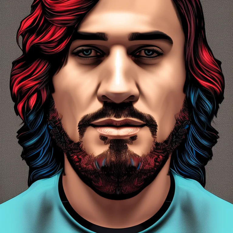 dskyart1, digital art, duskfall crew style, comic book style, flat colors, digital colors, portrait, a man with black and red hair, stubble, blue eyes, blue cyberpunk shirt, looking at the camera, very detailed faces, dskyart1