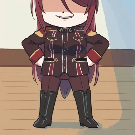 newest stylish, extreme aesthetic, 1girl, solo, BeatriceKushan, standing, on floor, indoors, wooden floor, full body, chibi, bk's uniform, bk's pants, bk's thigh boots, evil smile, looking down, hands on own hips, xinzoruo, <lora:Bea&KilaKushan-ilxi01:0.5>, <lora:XinzoruoStyle2_AnimagineXLv3:0.7>