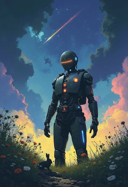 a human-like robot, head titled, standing in an open field filled with wild flowers. it holds a rabbit in his hands, The sky is blue and purple, three stars of different colours light the sky, shooting star