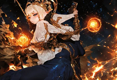 Anime Style,mythp0rt,anime. A chariot pulled by mythological beasts soaring through the galaxy, a woman holding onto the reins with one hand,with long black hair pooling past her feet, blue eyes shining with a mystic glow, gesturing to the surroundings with a hand full of lightning. Her dress, deep blue with gold decorations,is long and fantasy like,long enough that it's excess pools past her feet like a skirt, the upper shoulders and hands of the dress is of white colour,contrasting with the blue of the rest.the sleeves on the hands are pushed back to show magnificent bangles jingling on her arms.her her is in a hime cut style with uneven bangs and long side bangs, her hair adorned by various jewel like a headdress, parts of her hair fluttering in the wind. Her expression cocky, she summons a large bolt of lightning onto her hands like a thunder god,ready to hurl it at her enemies, the lighting casting shadow onto the character giving her face more depth, the chariot made of glowing bronze like material strides through space like it it is solid,giving the picture more depth, the beasts pulling the chariot roaring with power as they trample across the stars. The back ground is filled with a sense of grandeur, a great figure fighting through the galaxy, her figure shadowed by the light of distant stars.Full body shot, zoomed out shot, jewelry, robe, dress,art by incase