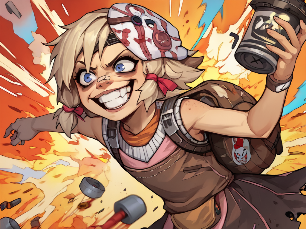 score_9, score_8_up,score_7_up, <lora:TinyTinaBL2_PONY_V1:1> tinytinabl2, solo, 1girl, grin, crazy, young girl, explosions everywhere, dynamite, bombs