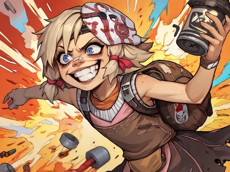 score_9, score_8_up,score_7_up, <lora:TinyTinaBL2_PONY_V1:1> tinytinabl2, solo, 1girl, grin, crazy, young girl, explosions everywhere, dynamite, bombs
