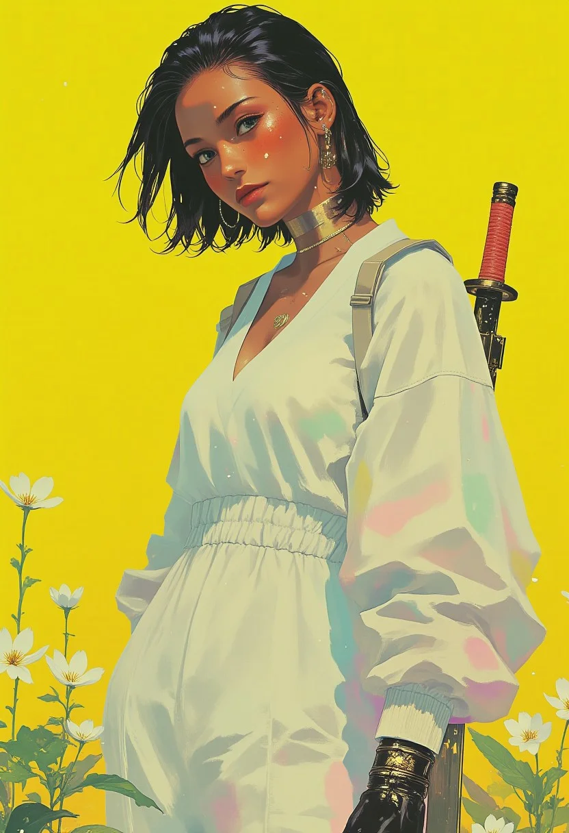 The image depicts a futuristic, cyberpunk-style character with pale skin and sleek, dark hair, partially shaved on one side to reveal intricate geometric designs. Her calm yet intense expression, with sharp, angular features, radiates an air of mystery and strength. She wears an oversized white jumper suit paired with equally oversized white trousers, the minimalist aesthetic contrasting with the high-tech cybernetic elements integrated into her form. The fabric subtly reflects ambient neon hues, enhancing its futuristic appeal. Her hands are clad in sleek black gloves, adding an edge of tactical precision. A katana, strapped securely to her back, hints at her warrior-like nature, its golden hilt glowing under the ambient city lights. Scattered at her feet are delicate white flowers emerging from the ground, their fragile beauty juxtaposing her sleek, cybernetic elegance. The backdrop is a vivid lime yellow, intensifying the contrast between her monochromatic attire and the electrifying futuristic atmosphere. This composition fuses cyberpunk aesthetics with an ethereal, futuristic allure, where the interplay of glowing metallics and bold color contrasts creates an atmosphere both mesmerizing and otherworldly.