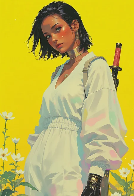 The image depicts a futuristic, cyberpunk-style character with pale skin and sleek, dark hair, partially shaved on one side to reveal intricate geometric designs. Her calm yet intense expression, with sharp, angular features, radiates an air of mystery and strength. She wears an oversized white jumper suit paired with equally oversized white trousers, the minimalist aesthetic contrasting with the high-tech cybernetic elements integrated into her form. The fabric subtly reflects ambient neon hues, enhancing its futuristic appeal. Her hands are clad in sleek black gloves, adding an edge of tactical precision. A katana, strapped securely to her back, hints at her warrior-like nature, its golden hilt glowing under the ambient city lights. Scattered at her feet are delicate white flowers emerging from the ground, their fragile beauty juxtaposing her sleek, cybernetic elegance. The backdrop is a vivid lime yellow, intensifying the contrast between her monochromatic attire and the electrifying futuristic atmosphere. This composition fuses cyberpunk aesthetics with an ethereal, futuristic allure, where the interplay of glowing metallics and bold color contrasts creates an atmosphere both mesmerizing and otherworldly.