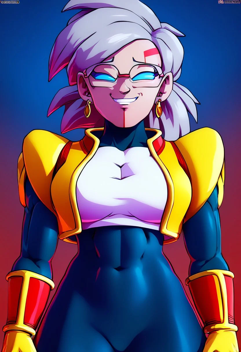 score_9, score_8_up, score_8, -1woman,solo, Mature woman, pants on, markings on face, red markings , fully clothed, eyes all blue, solid blue eyes 4k, High Quality, yellow vest, white top, gray hair female, blue eyes, no inner eye, no pupils, nothing in eyes, blank eyes, tight black bodysuit pants, red eyebrows, red under mouth, blue sclera, no iris , big breasts, big chest, big shoulders, big arms, big legs, big thighs, female wearing a black lycra, vegeta sufurujin jacket, tight-fitting black lycra, sufurujin vegeta outfit, red marking on chin, red marking below mouth,no whites in female's eye, no inner eye on female, one solid eye color, evil smile, evil expression,
-
Davidsm, glasses, , tied pigtail,
-
, style of akira toriyama, earrings,standing, jewelry,