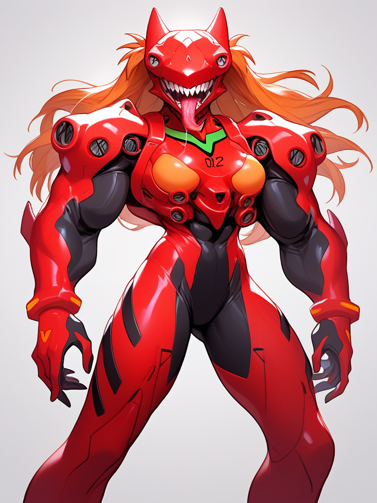 Score_9, score_8_up, score_7_up, score_6_up,  source_anime, mecha, 1girl, solo, cowboy shot, full body,  looking at viewer, big breasts, souryuu asuka langley, orange hair,  evangelion, mecha helmet, BREAK, muscular monster, abs, huge biceps, muscle veins, BREAK, claws, (long tongue, saliva),  glowing eyes, no pupils, big horns, BREAK,  big teeth, sharp teeth, open mouth, , BREAK, <lora:Concept_Chompers:1> <lora:Wild_Mecha_Mix:0.5>