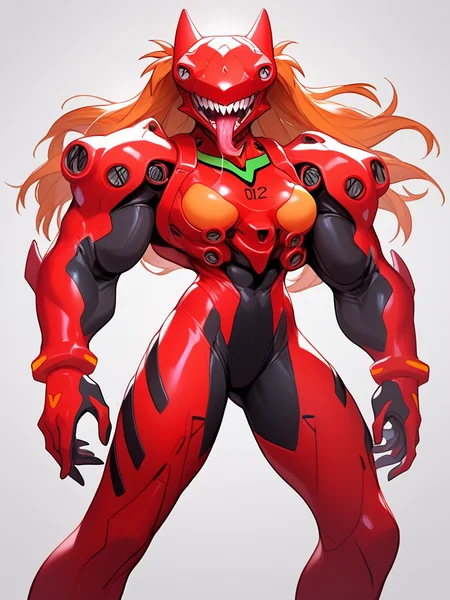 Score_9, score_8_up, score_7_up, score_6_up,  source_anime, mecha, 1girl, solo, cowboy shot, full body,  looking at viewer, big breasts, souryuu asuka langley, orange hair,  evangelion, mecha helmet, BREAK, muscular monster, abs, huge biceps, muscle veins, BREAK, claws, (long tongue, saliva),  glowing eyes, no pupils, big horns, BREAK,  big teeth, sharp teeth, open mouth, , BREAK, <lora:Concept_Chompers:1> <lora:Wild_Mecha_Mix:0.5>