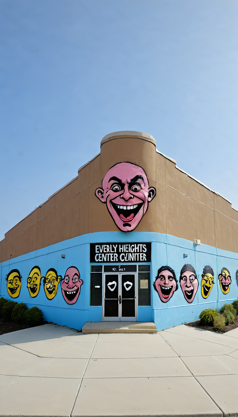 the Everly Heights Community Center with funky faces painted on it  <lora:Everly_Heights_TaleSpinner_Pony_XL:1>