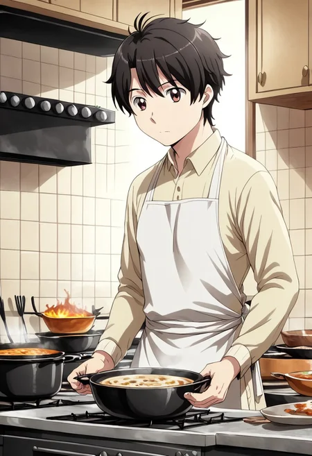 high resolution, solo, best quality, 1Boy, Inaho Kaizuka, Black hair, Brown Eyes, Cooking dinner, stove, ingredients, apron,